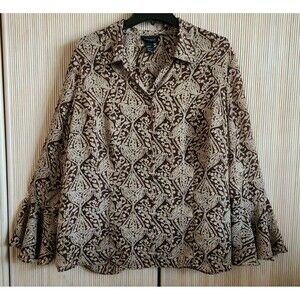 Lane Bryant Women's Blouse Size 18/20 Brown Tan Floral Sheer Button Up EUC